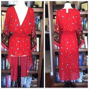 BOHO RED HIGH/LOW FLORAL KIMONO WRAP MAXI